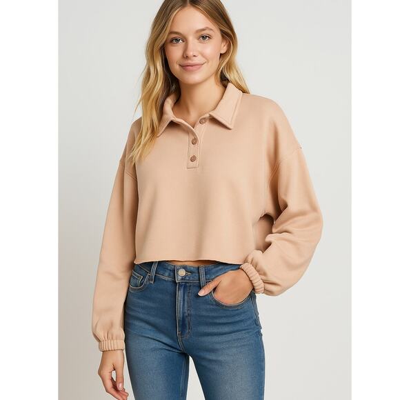 Aerie Fleece Of Mind Cropped Polo Sweatshirt Pink Collared Oversized Size L - Picture 1 of 9